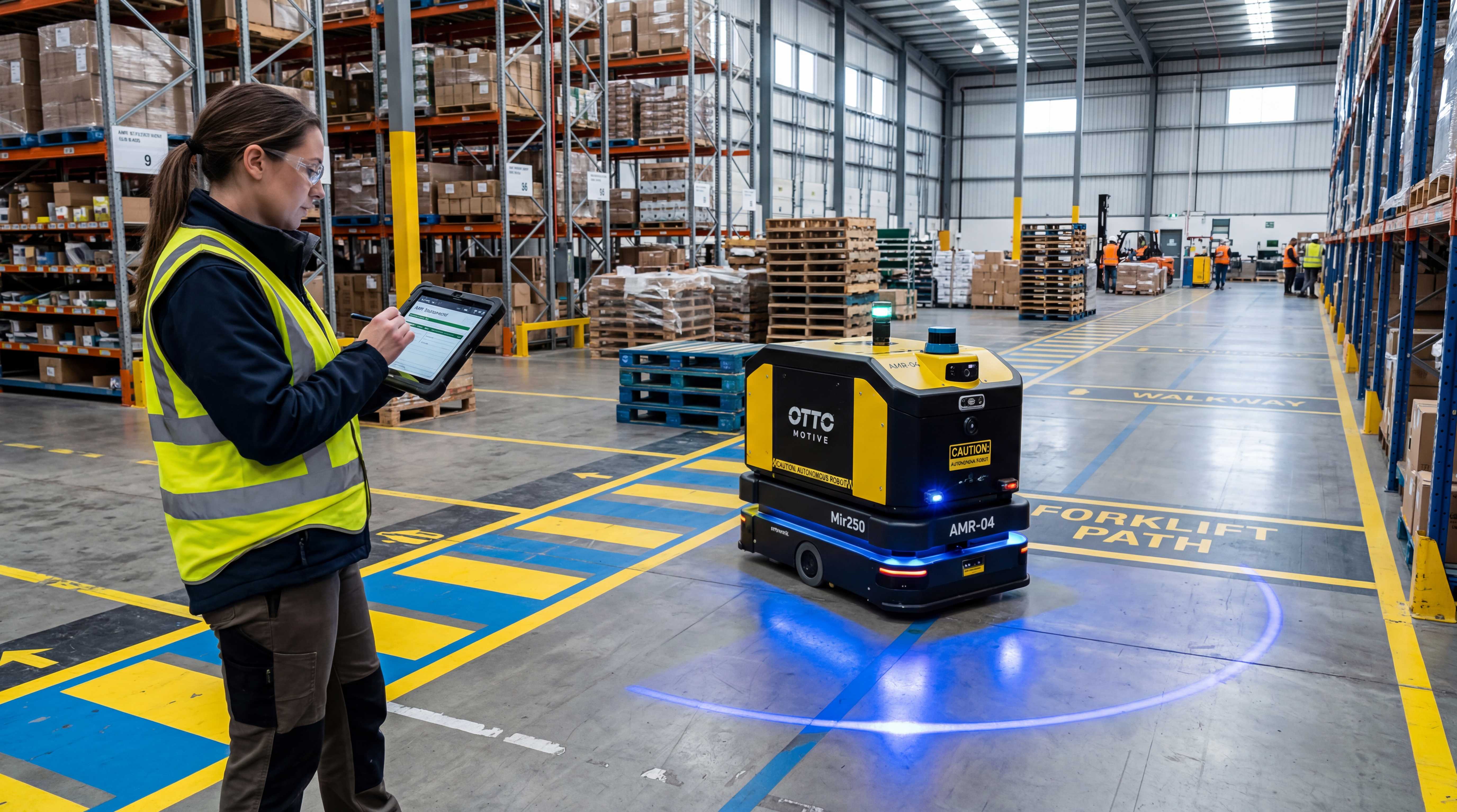 Engineer validating AMR route behavior beside forklift path and marked warehouse traffic lanes